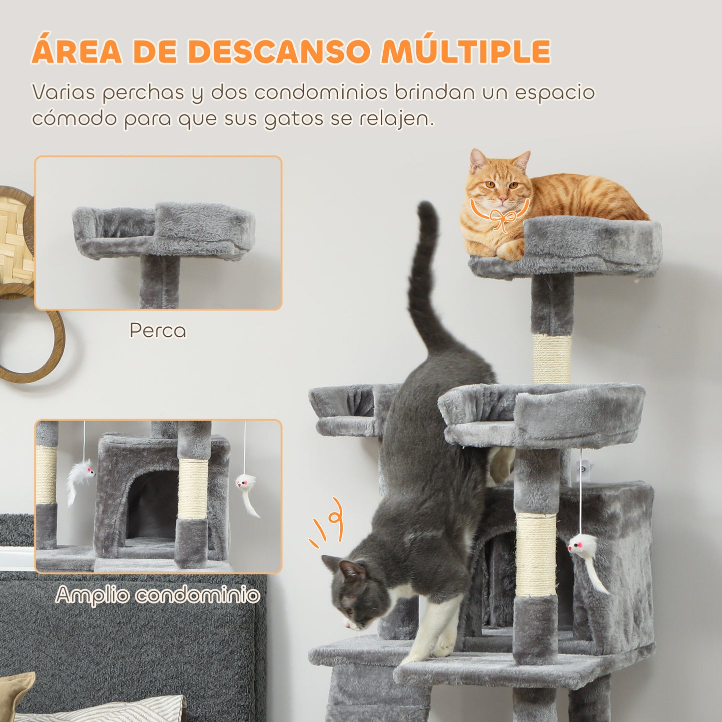 Pawhut Árbol Rascador Para Gatos 153 Cm Con 2 Cuevas 3 Camas 2 Rampas Gris_5