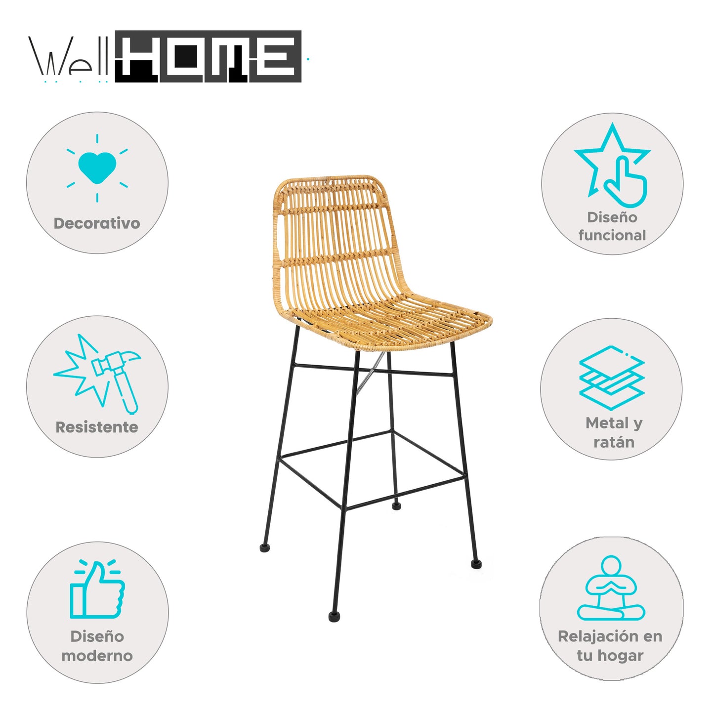 Well Home - Silla De Bar 'kubu', Metal Y Ratán_1