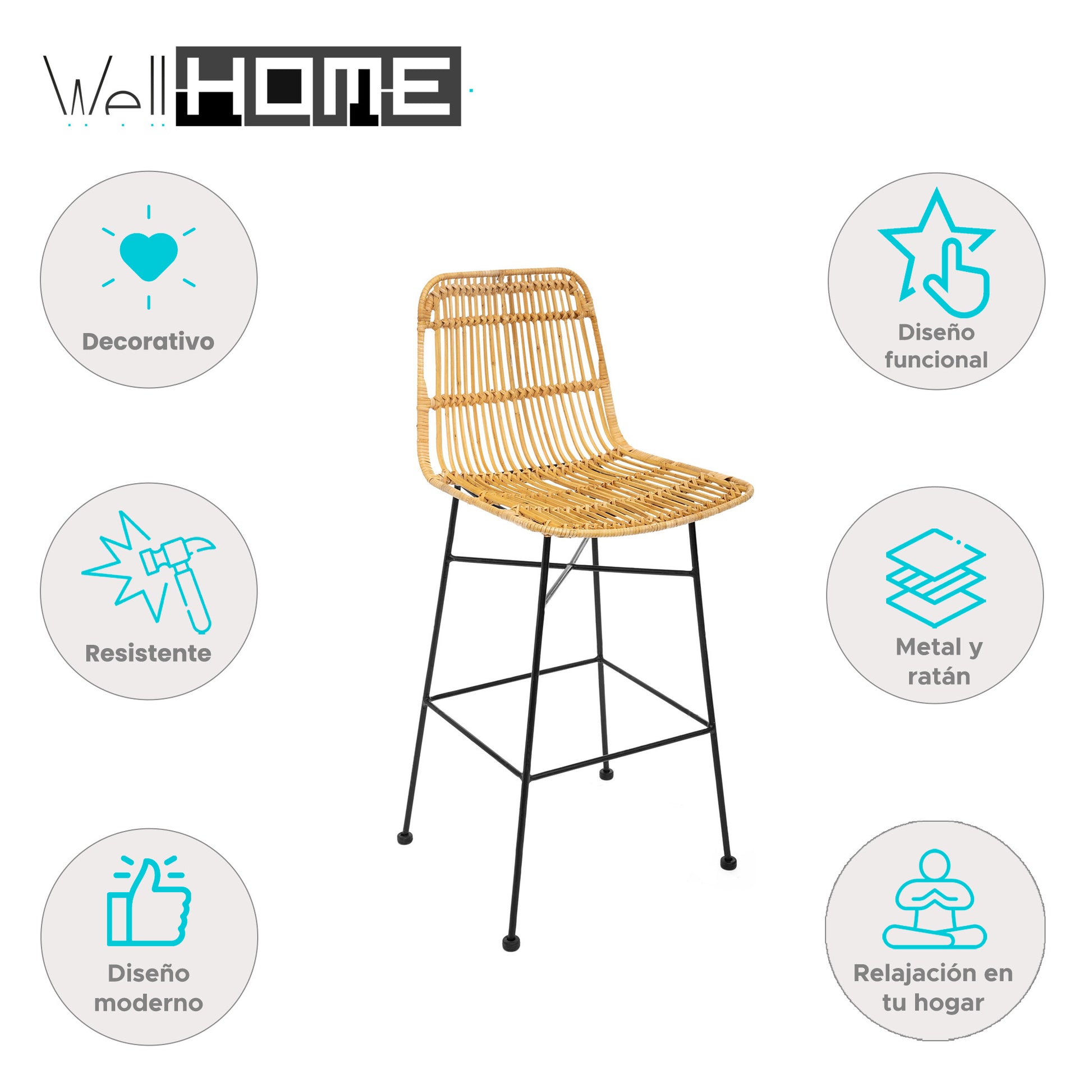 Well Home - Silla De Bar 'kubu', Metal Y Ratán_1