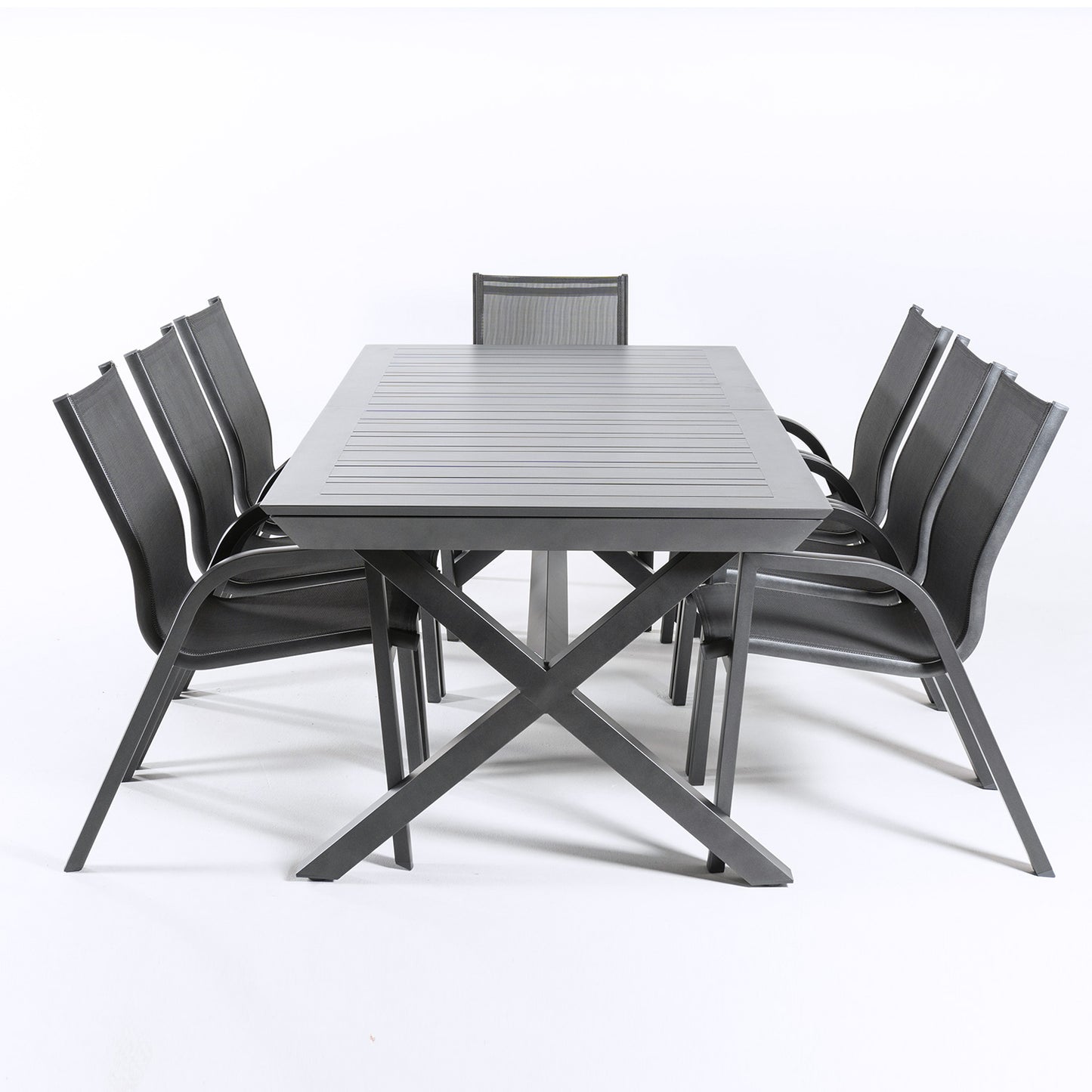 Conjunto Jardin, Mesa Extensible 215/295 Y 8 Sillones Apilables, Aluminio Antracita, Textilene Plata Y Negro, 8 Plazas_3