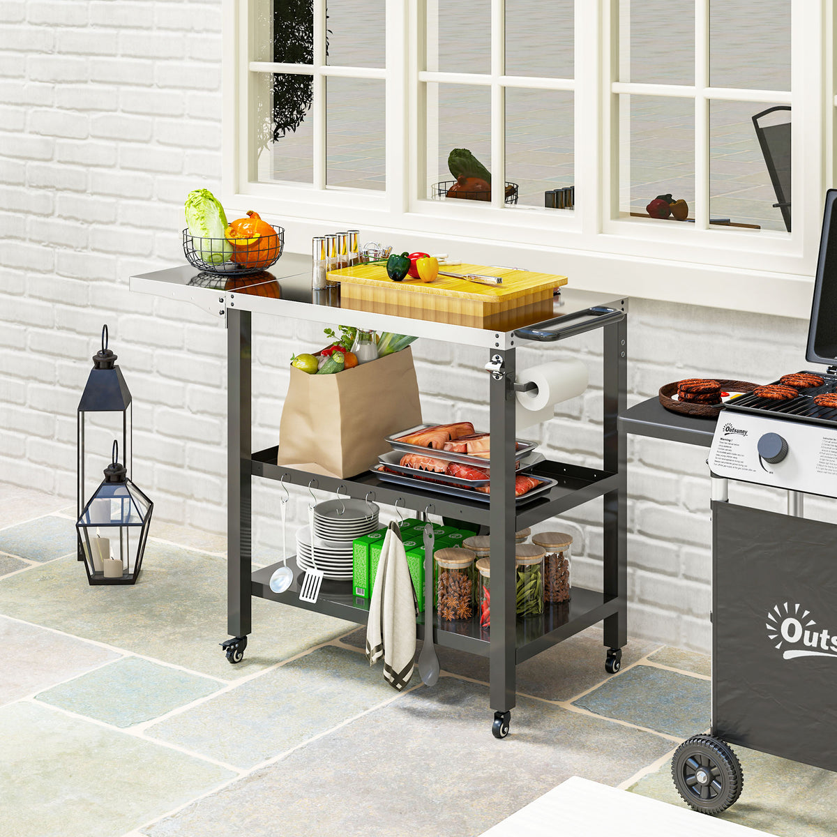 Outsunny Carrito De Parrilla De 3 Niveles Con 4 Ruedas Estantes Y Asa Negro_1
