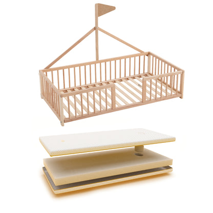 Cama Montessori Apache 140×70 Cm De Madera De Haya Con Colchón Sanitario Ternum, Color Natural_0