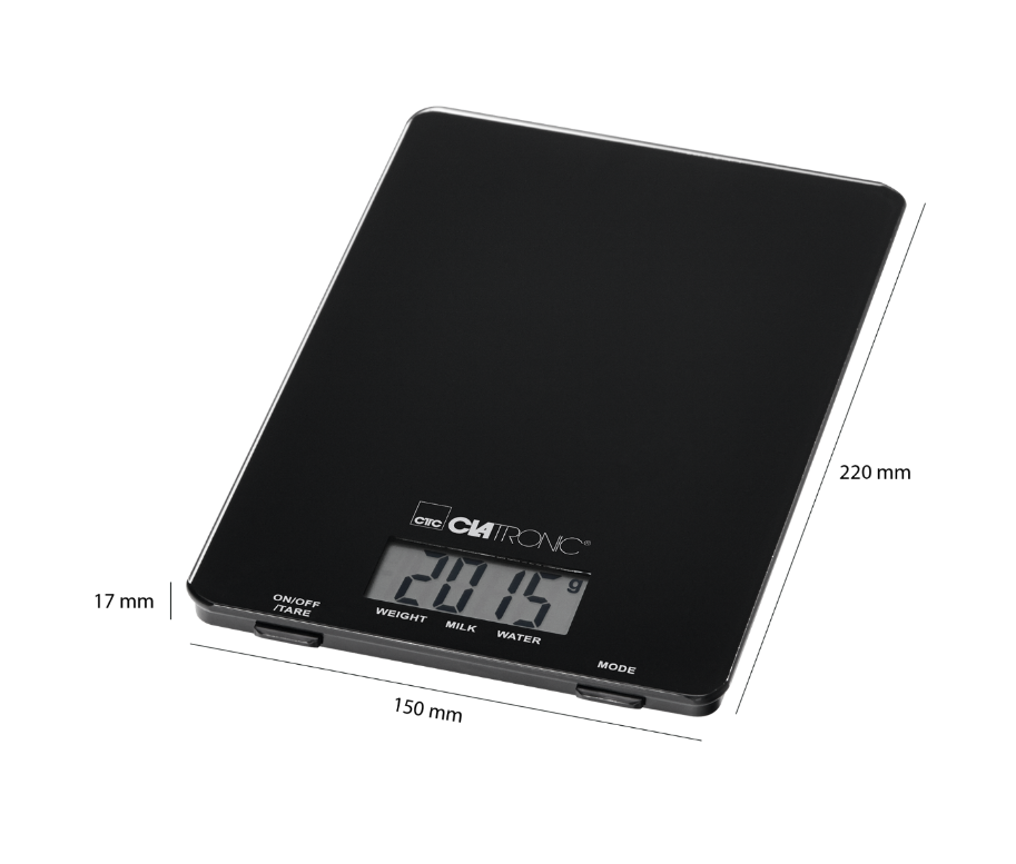 Báscula De Cocina Digital Extraplana, Medición 1gr, Hasta 5 Kg, Lcd, Función Tara, Vidrio Clatronic Kw 3626 Negro