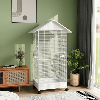Pawhut Jaula Para Pájaros Con Ruedas 79x65x155 Cm 2 Comederos 8 Perchas Blanco_1