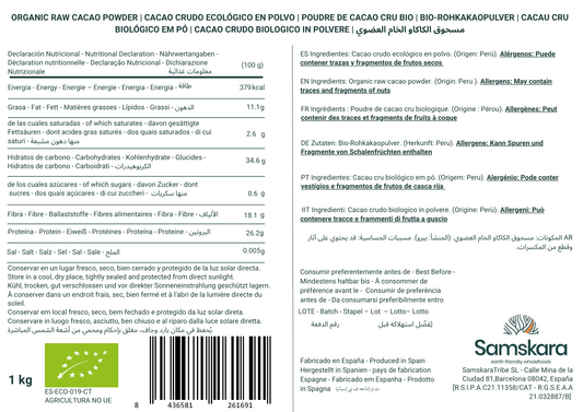 Samskara Cacao Crudo (raw) Ecológico En Polvo, Origen Perú - 4kg (1kg Envase Retail + 3kg Bolsa Granel De Recarga)_0