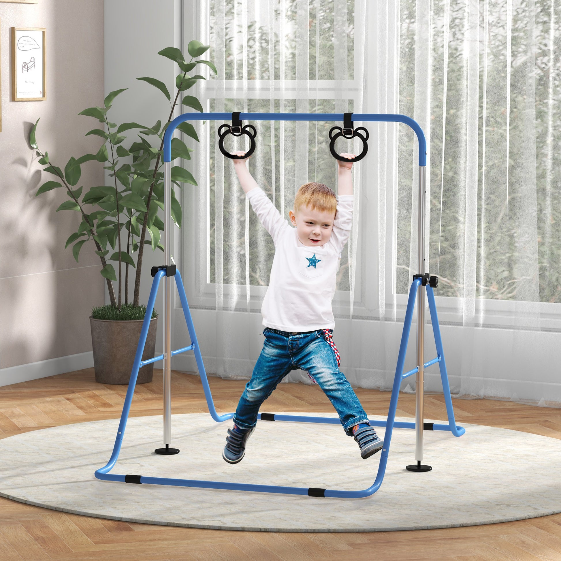 Homcom Barra De Gimnasia Para Niños Con Altura Ajustable En 5 Niveles Y Anillos_1