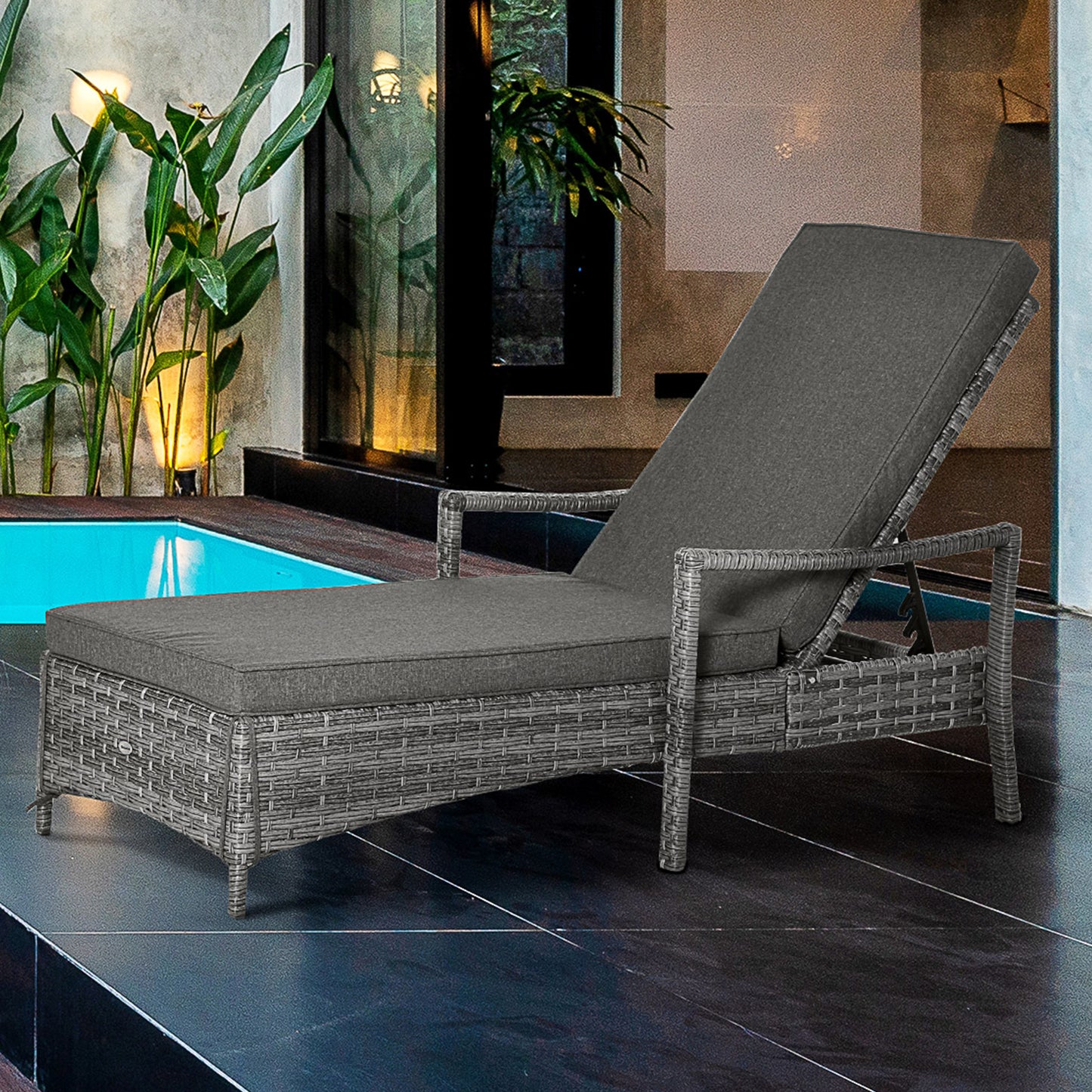 Outsunny Tumbona De Ratán Jardín Con Respaldo Ajustable Cojines Exterior Gris_1