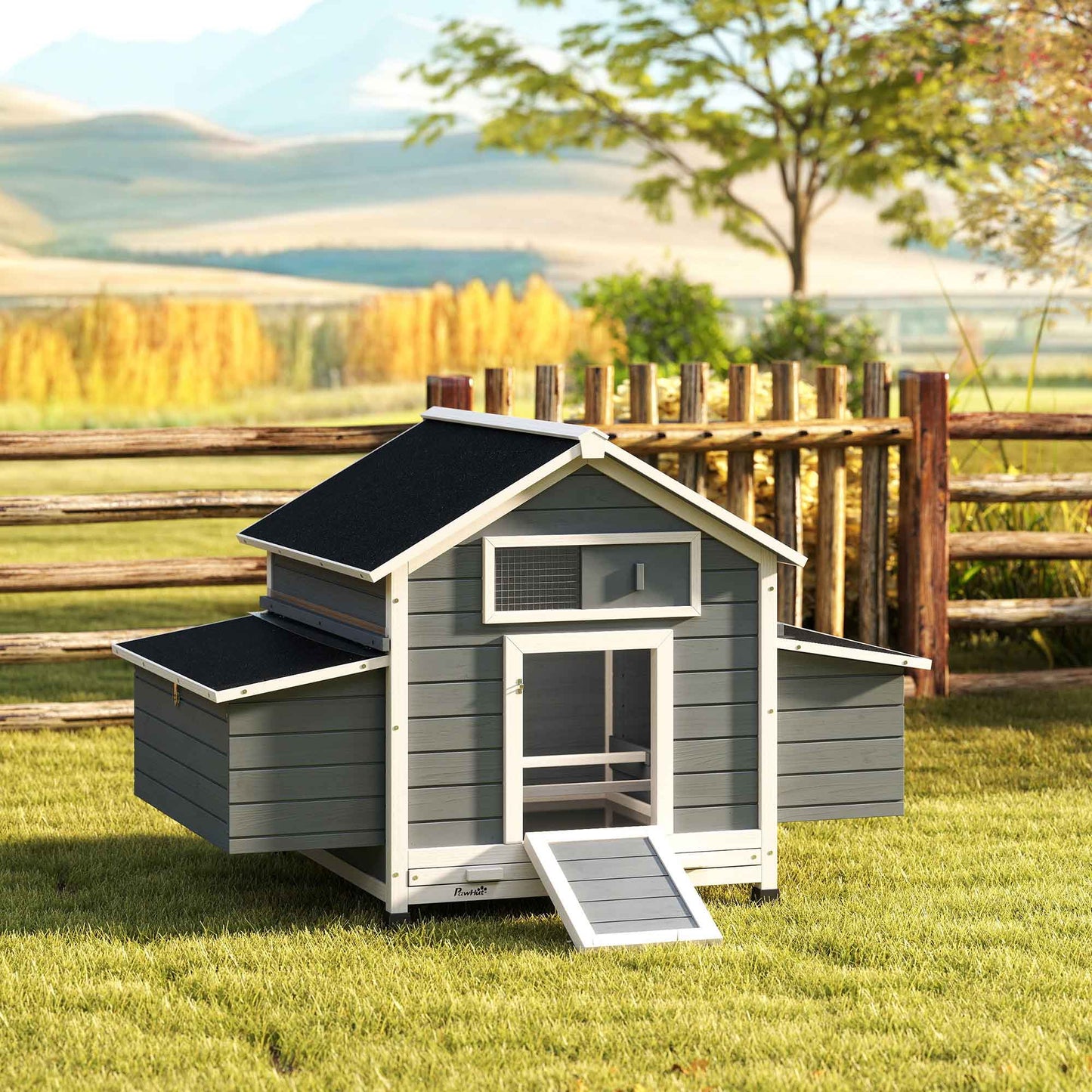 Pawhut Gallinero De Madera Para Exterior Con 2 Nidos 150x100x96,5 Cm Gris_1