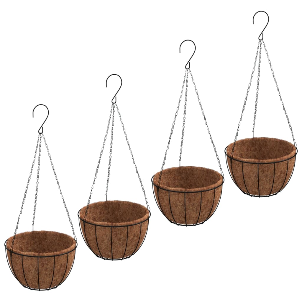 Macetas Colgantes 4 Uds Revestimiento Coco Acero Negro Ø35x52cm_0