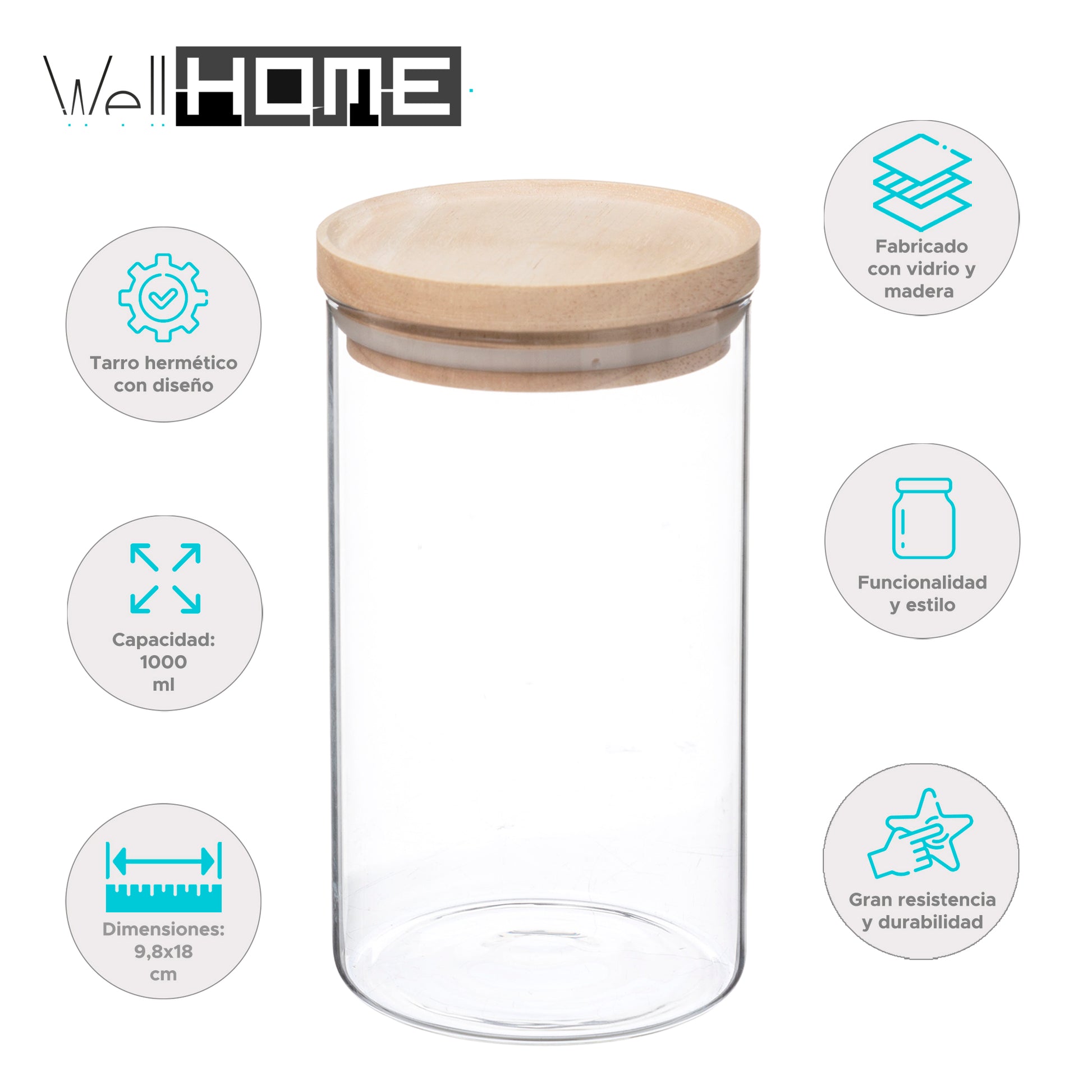 Wellhome - Tarro De Vidrio Y Madera, Cierre Hermético 1l