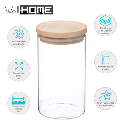 Wellhome - Tarro De Vidrio Y Madera, Cierre Hermético 1l