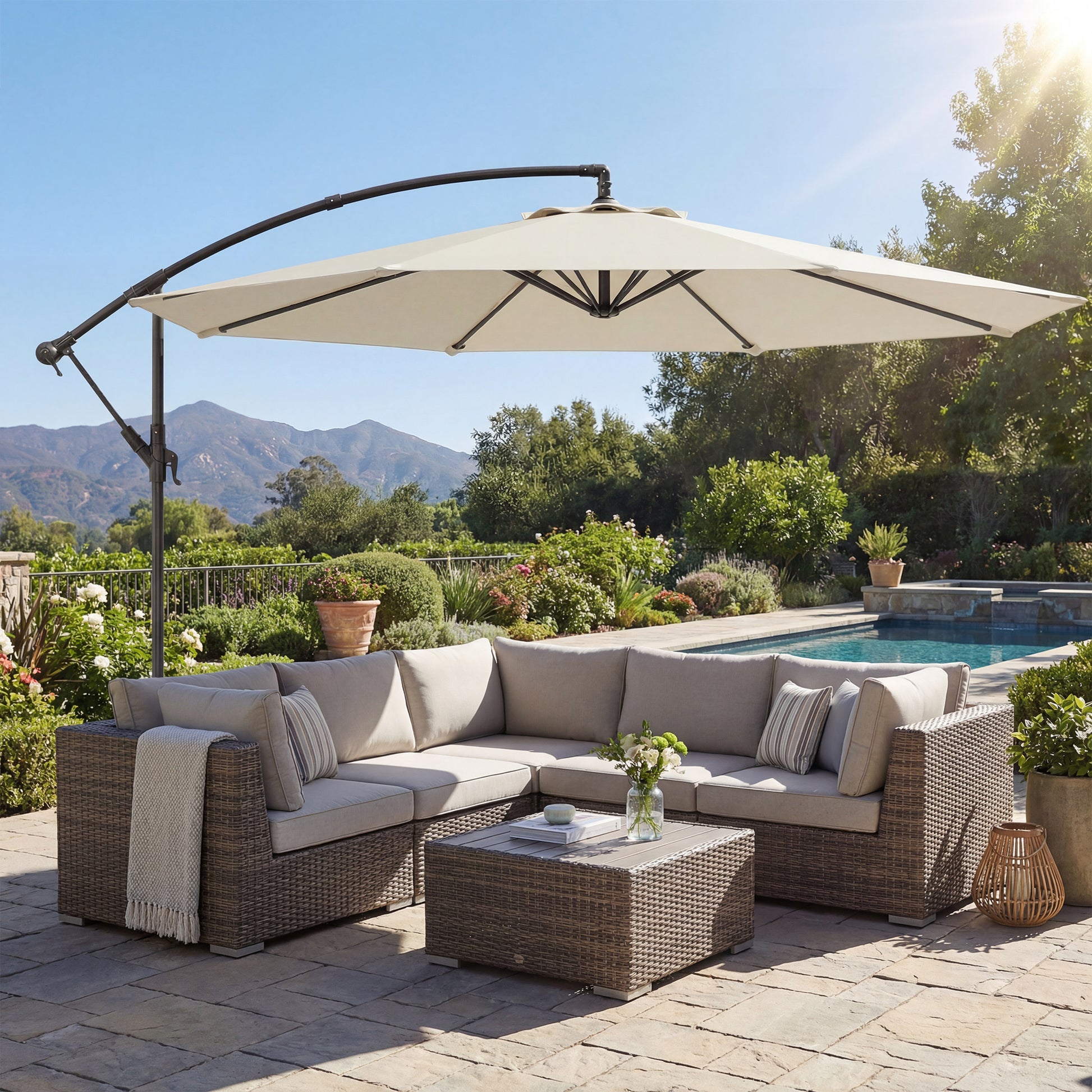 Outsunny Parasol Excéntrico Ø300 Cm Con Base Cruzada Toldo Ajustable Y Manivela_1
