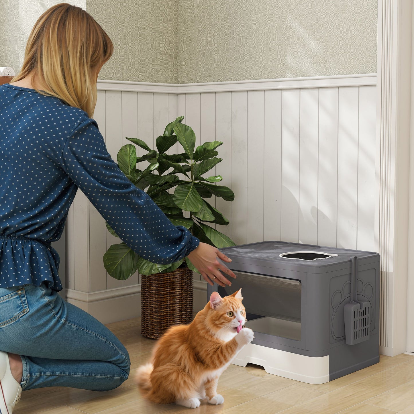 Pawhut Arenero Para Gatos Cubierto Con Caja Pala Cepillo 48,5x38x36,5cm Gris_1