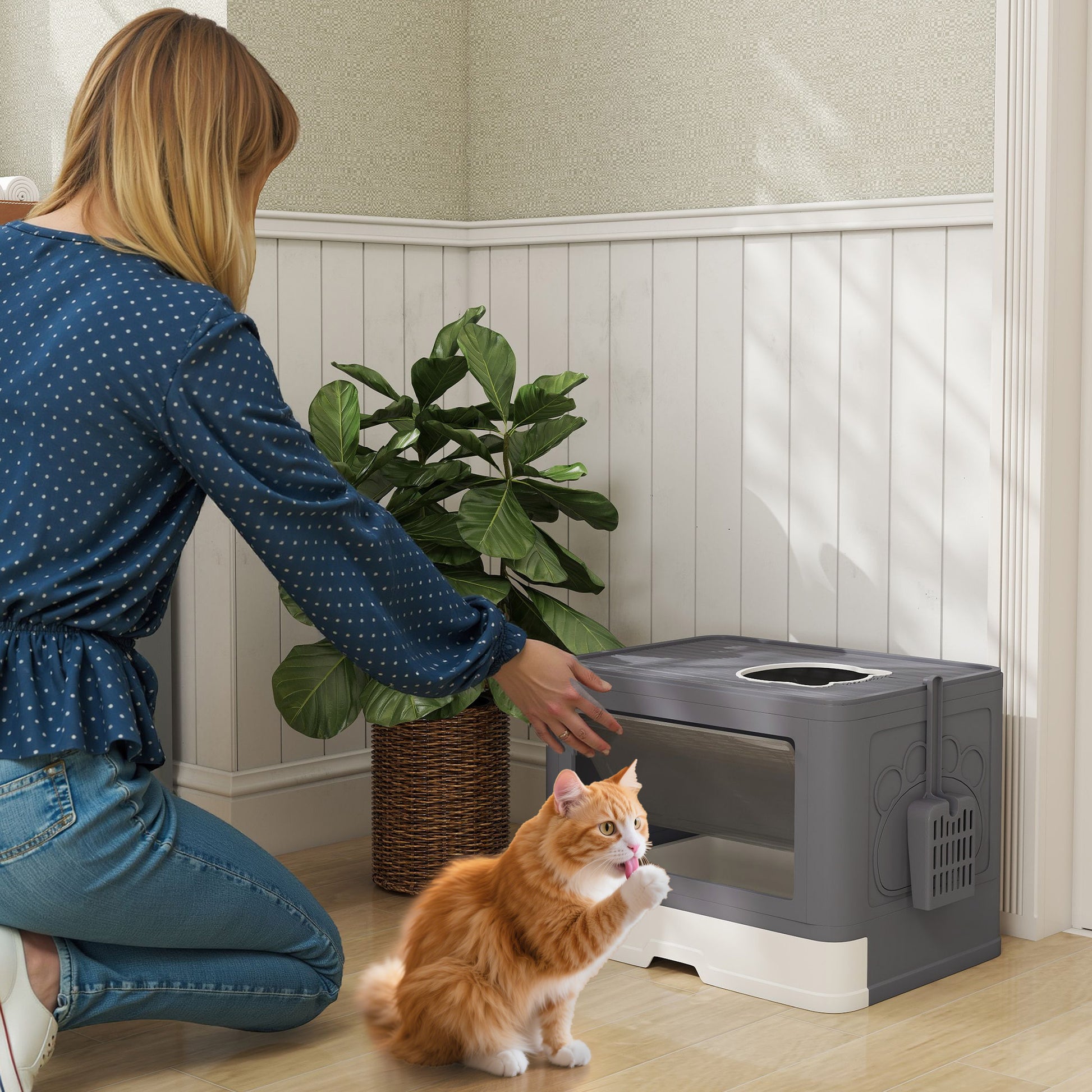 Pawhut Arenero Para Gatos Cubierto Con Caja Pala Cepillo 48,5x38x36,5cm Gris_1