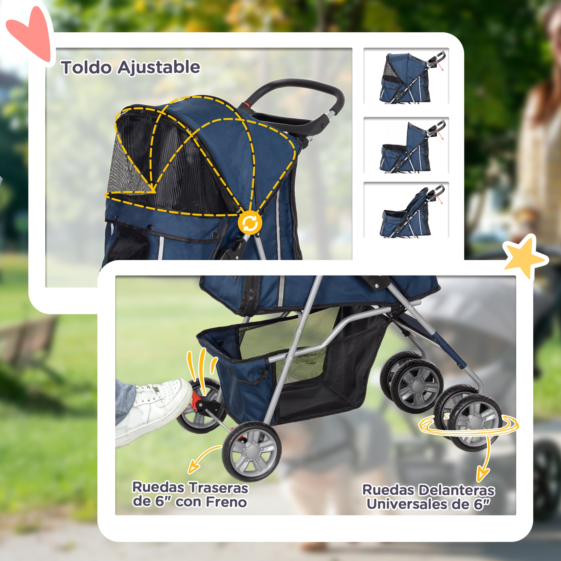 Pawhut Carrito Para Perros Plegable Con Toldo Ajustable 75x45x97 Cm Azul_5