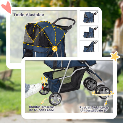 Pawhut Carrito Para Perros Plegable Con Toldo Ajustable 75x45x97 Cm Azul_5
