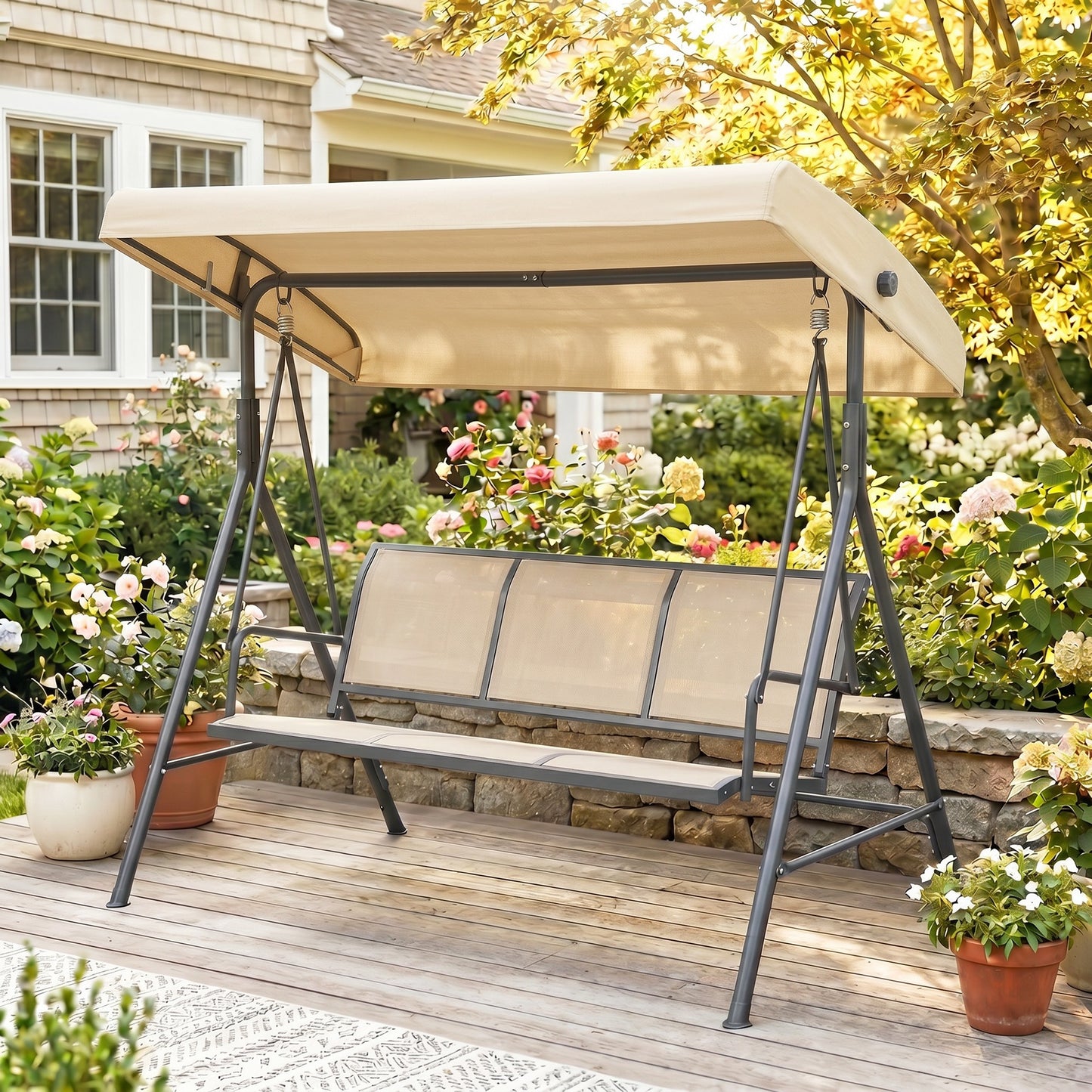 Outsunny Columpio De Jardín De 3 Plazas Techo Ajustable 175x118x159 Cm Beige_4