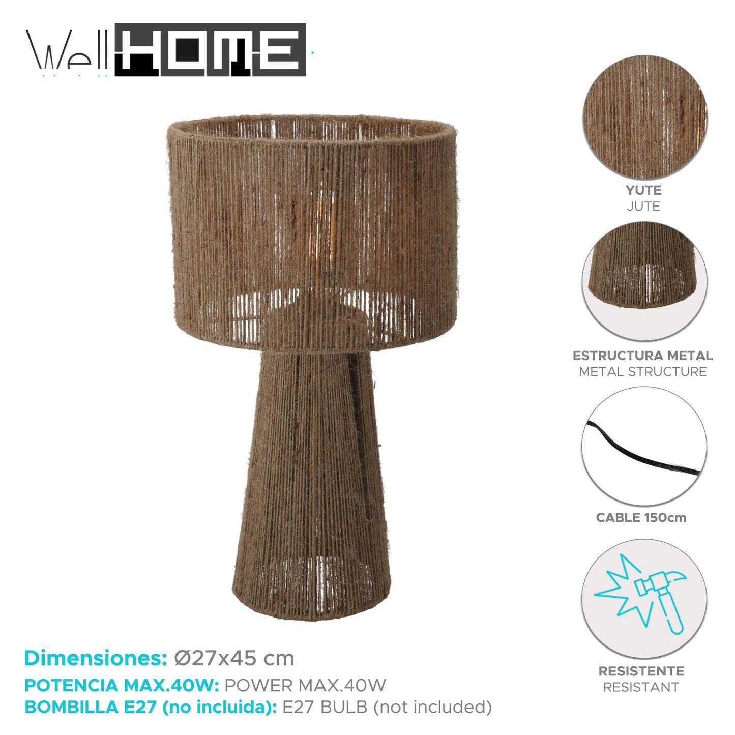 Well Home Lámpara De Mesa En Yute Natural Ø27x45cm