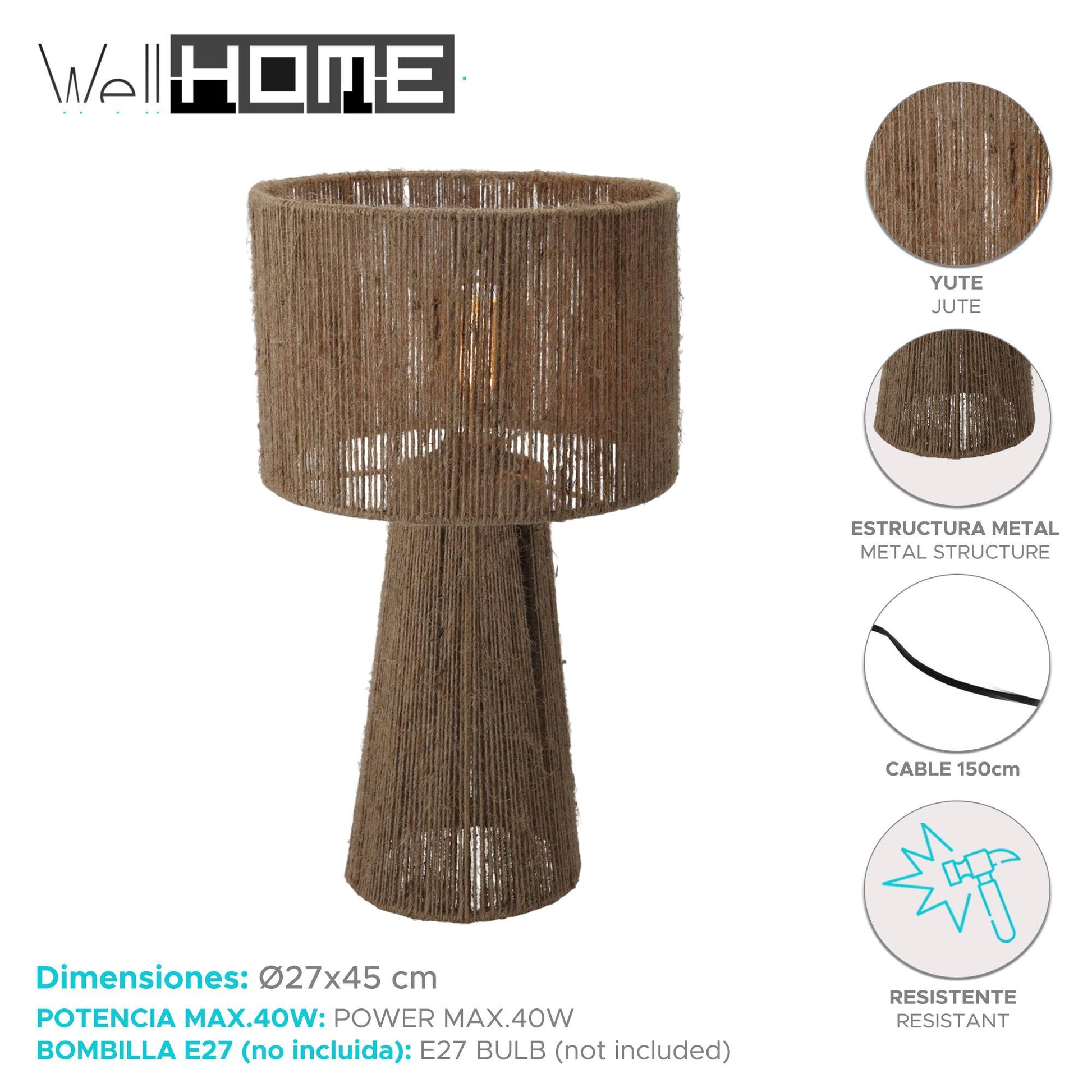 Well Home Lámpara De Mesa En Yute Natural Ø27x45cm