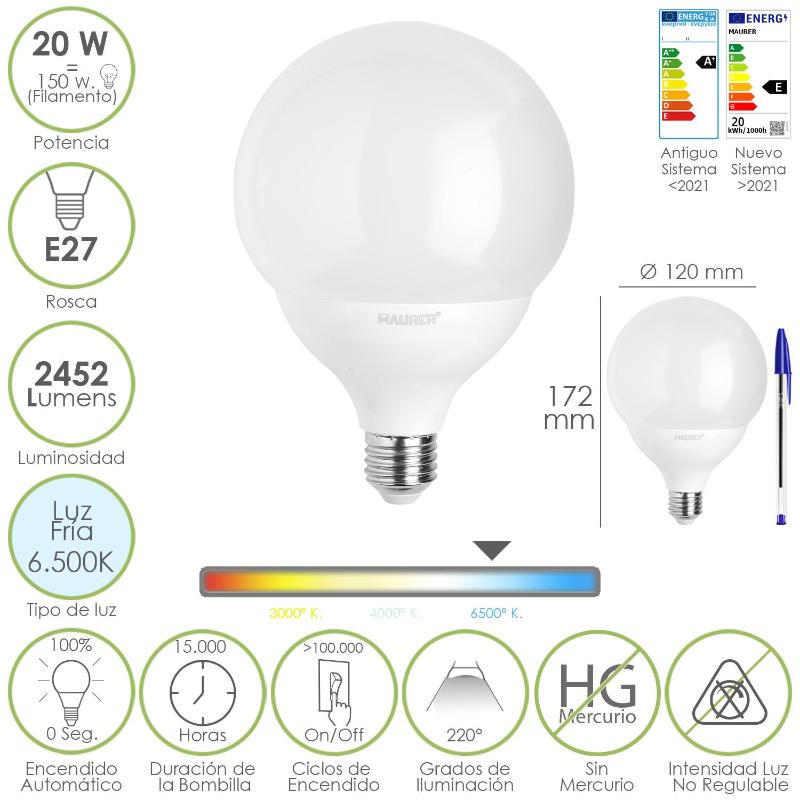 Bombilla Led Globo E27. 20 Watt. Equivale A 150 Watt. 2452 Lumenes. Luz Fria 6500º K._0