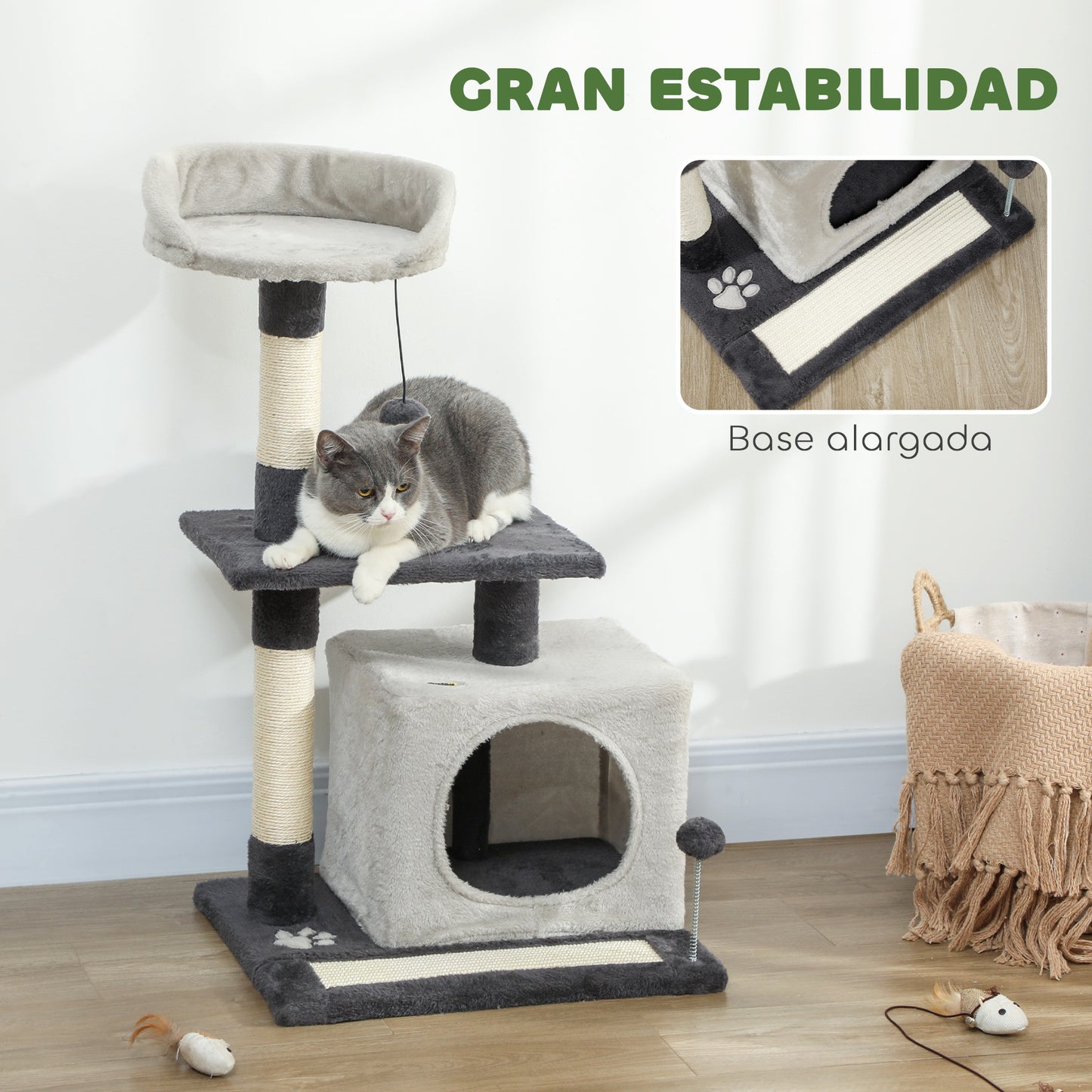 Pawhut Árbol Rascador Para Gatos 85 Cm Con Plataformas Cueva Gris Claro Y Negro_5