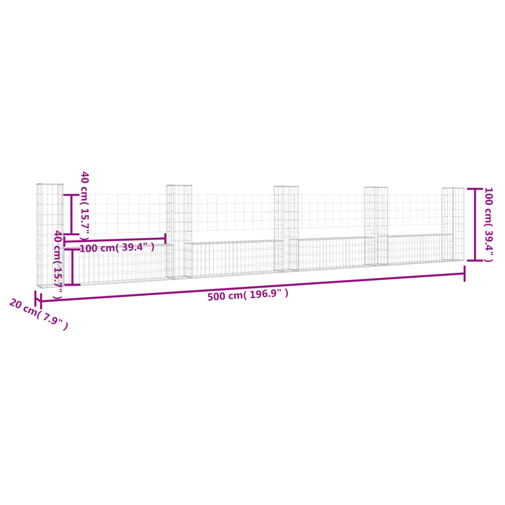 Cesta De Gaviones Forma De U 5 Postes De Hierro 500x20x100 Cm / Vetonek_2