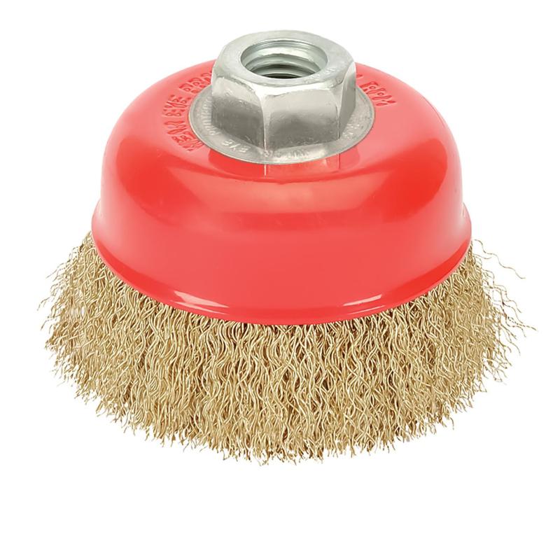 Cepillo Taza Con Alambre De Acero Latonado Rosca M14, Ø 120 Mm. Alambre De Ø 0,30 Mm.