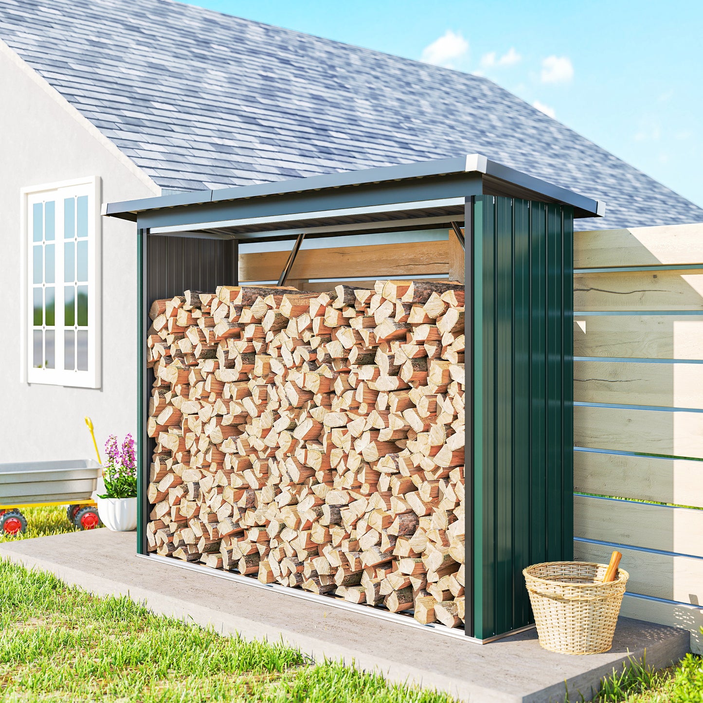 Outsunny Casetilla Para Leña Acero Galvanizado Con Base Elevada 213x66,5x150 Cm_1
