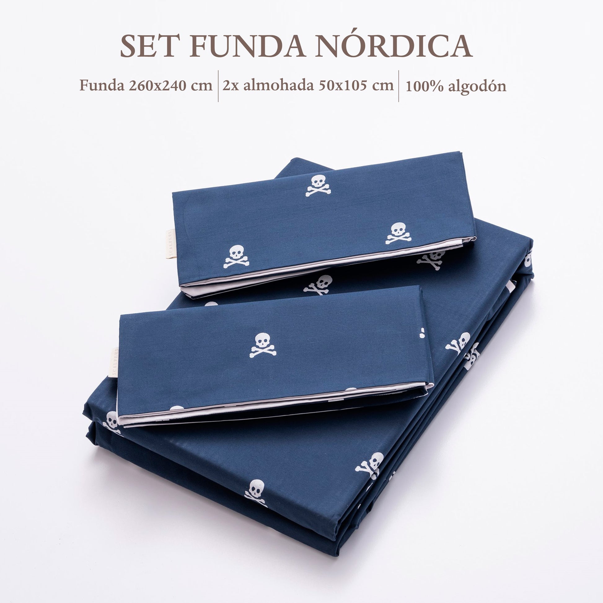 Set Cama (funda Nórdica 260x240cm + 2 Fundas Almohada 50x105cm) 100% Algodón Navy Calaveras Scalpers Home_1