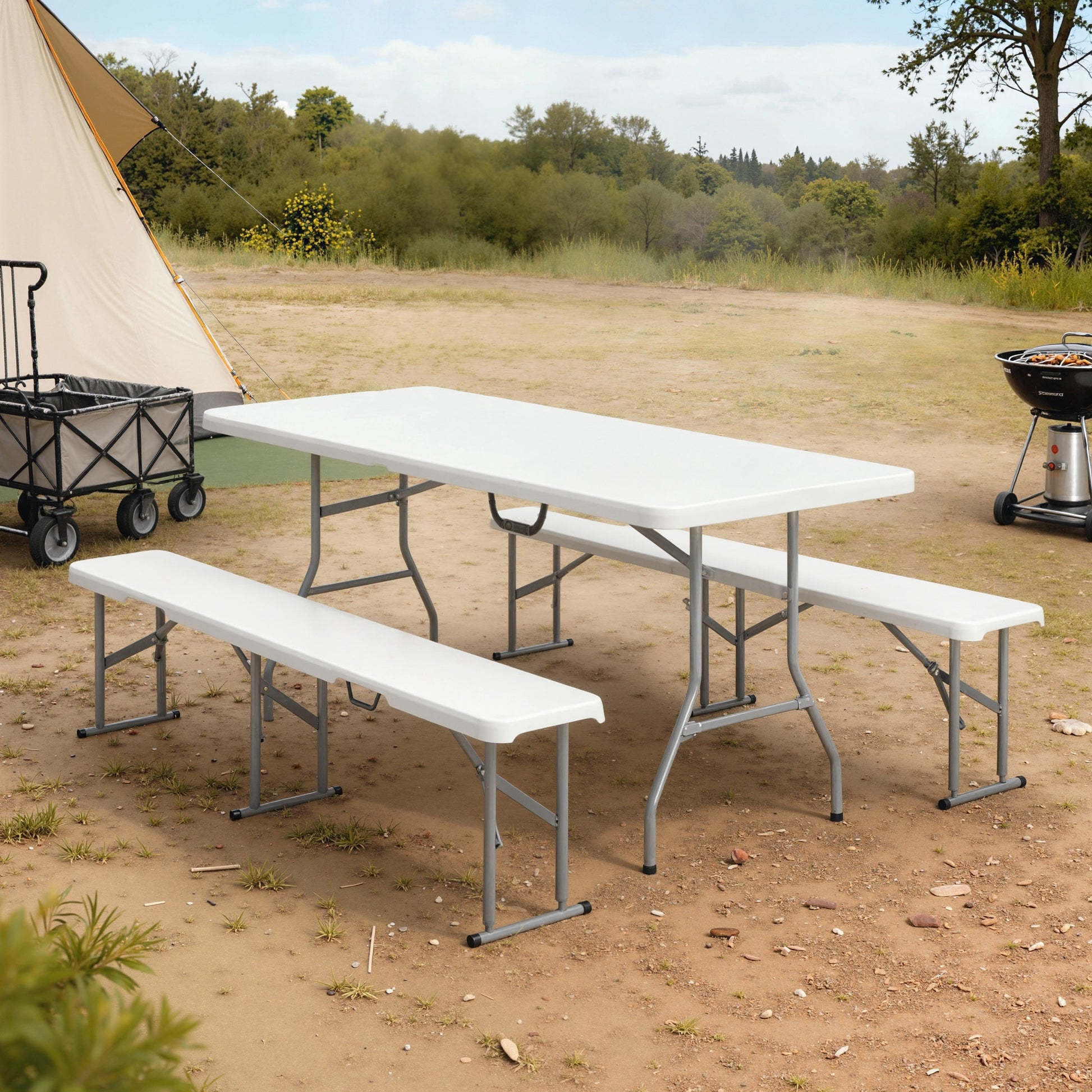 Outsunny Conjunto De Camping Plegable 3 Piezas Mesa Plegable Camping Con Bancos_1