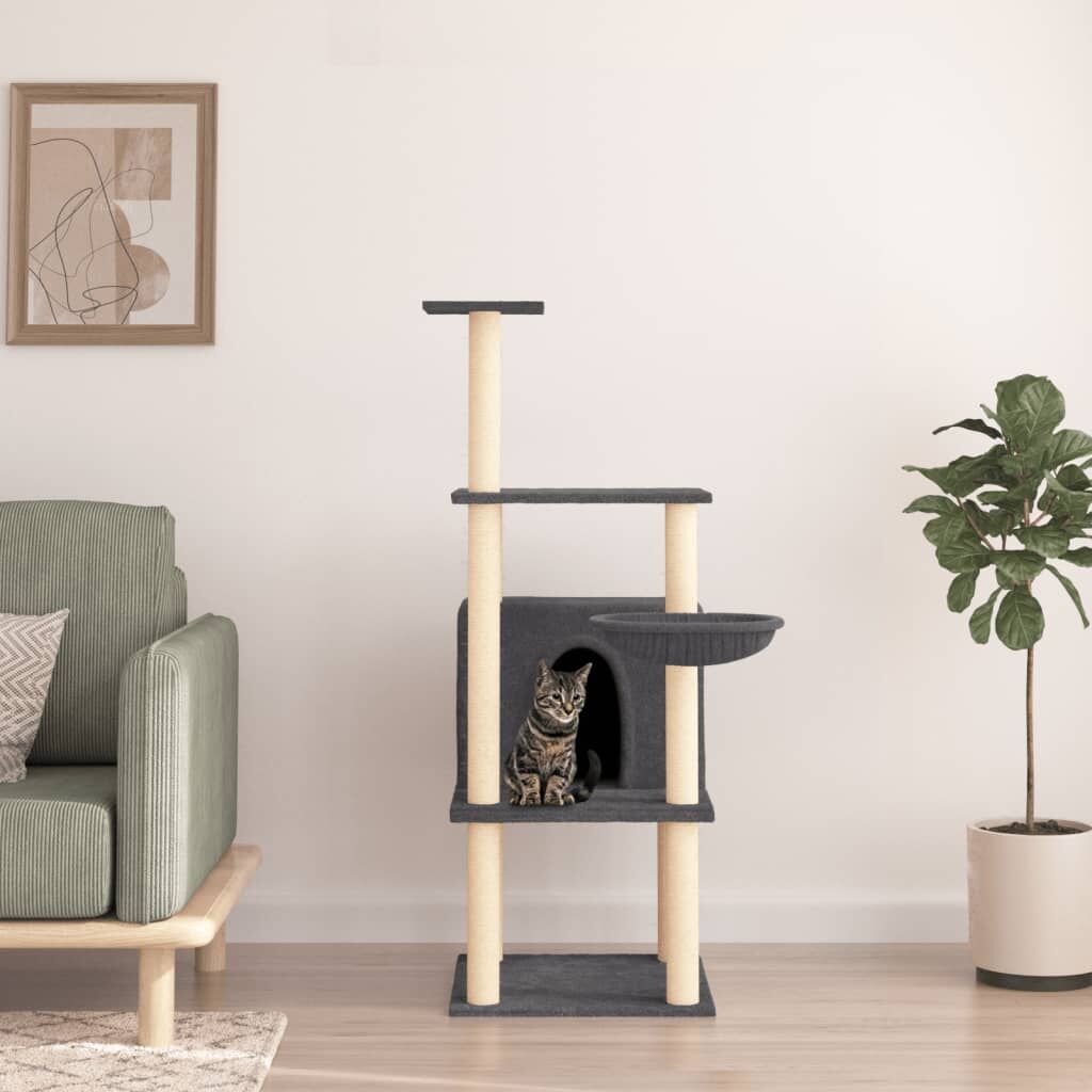 Vidaxl Rascador Para Gatos Con Postes De Sisal Gris Oscuro 132 Cm_1