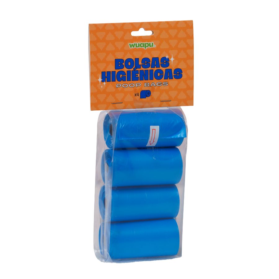 Pack 4 Rollos Color Azul De Bolsas Higiénicas Recoge Excrementos De Perro. Rollos De 15 Bolsas