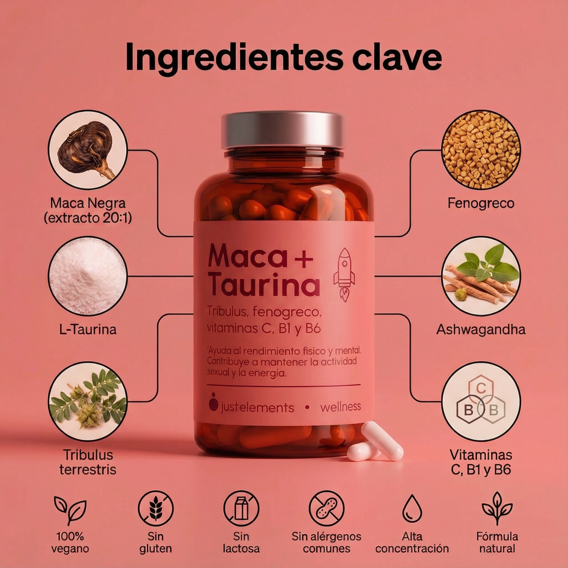 Maca + Taurina Just Elements Wellness 120 Cápsulas - Aumenta Tu Rendimiento Fisico_1