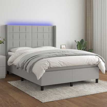 Cama Box Spring Colchón Y Luces Led Tela Gris Claro 140x190 Cm / Vetonek_0