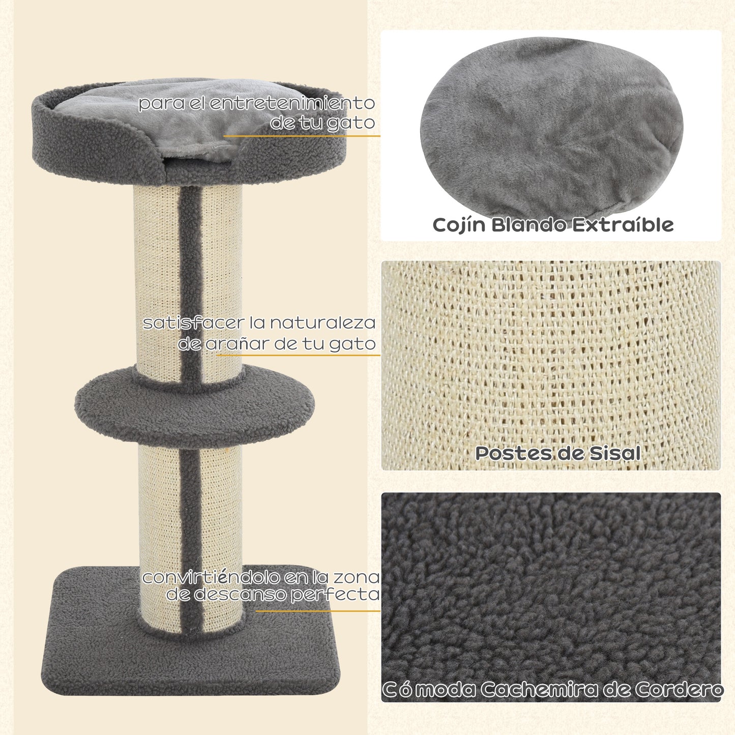 Pawhut Árbol Rascador Para Gatos Altura 91 Cm De 3 Niveles 45x45x91cm Gris_4