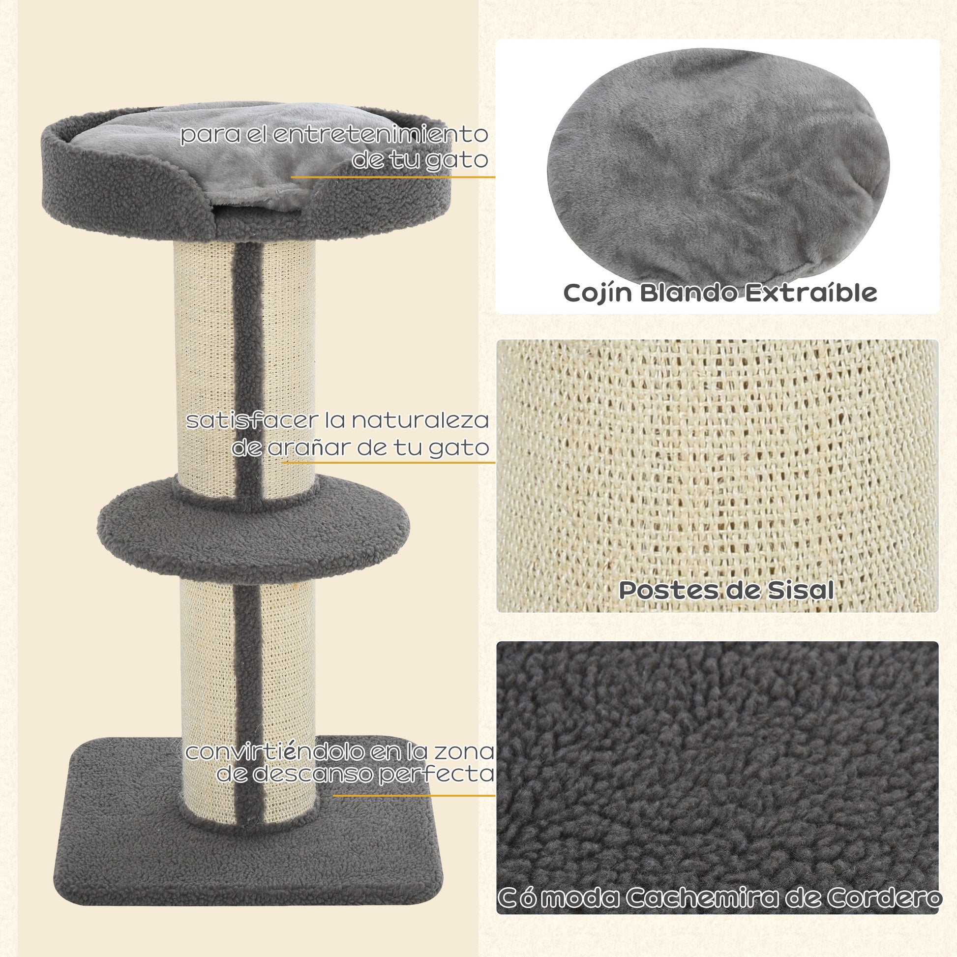 Pawhut Árbol Rascador Para Gatos Altura 91 Cm De 3 Niveles 45x45x91cm Gris_4