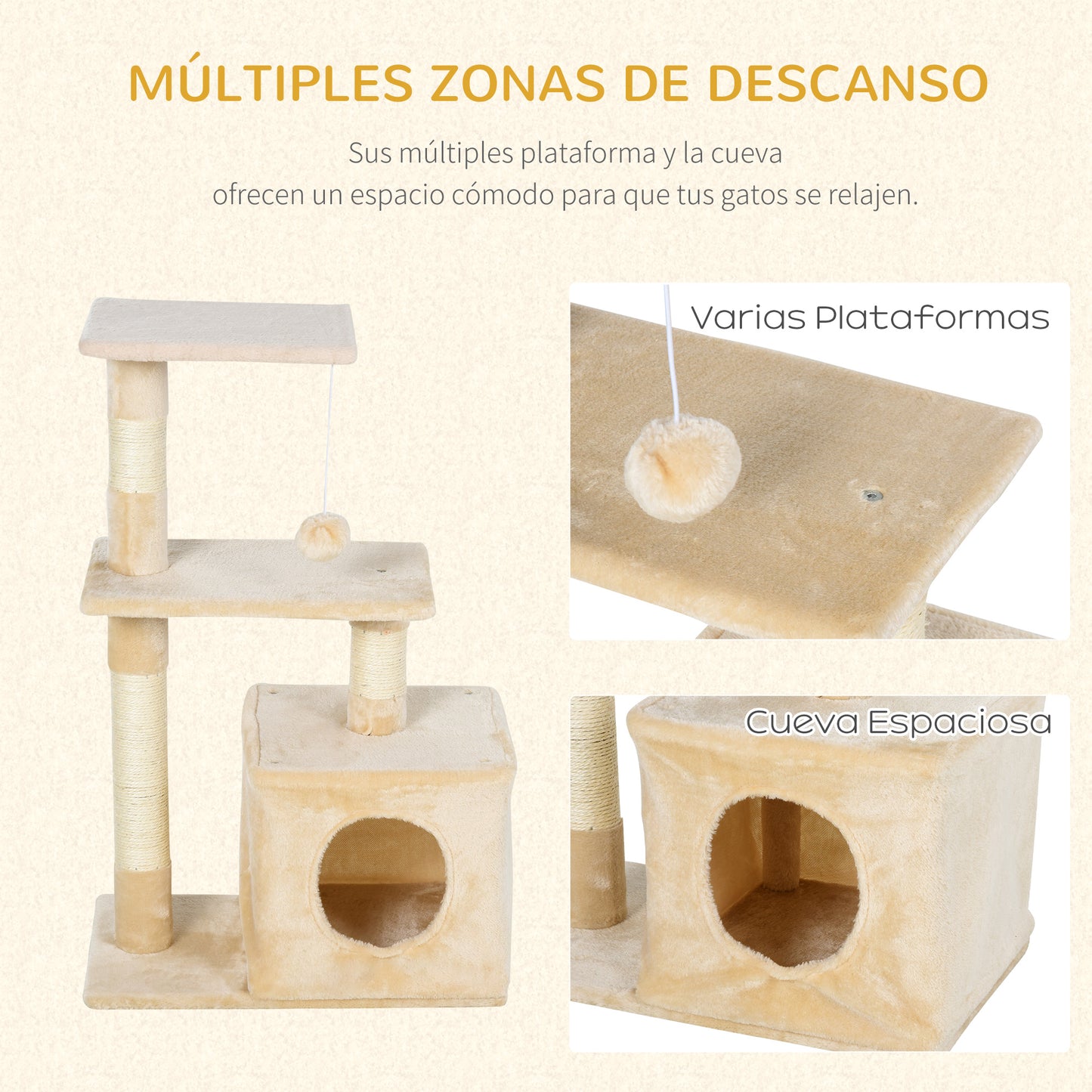 Pawhut Árbol Rascador Para Gatos 50x30x81,5 Cm Con Postes Plataformas Caja Bola_5