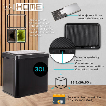 Cubo Reciclaje 15l+15l Sin Patas Apertura Auto Negro