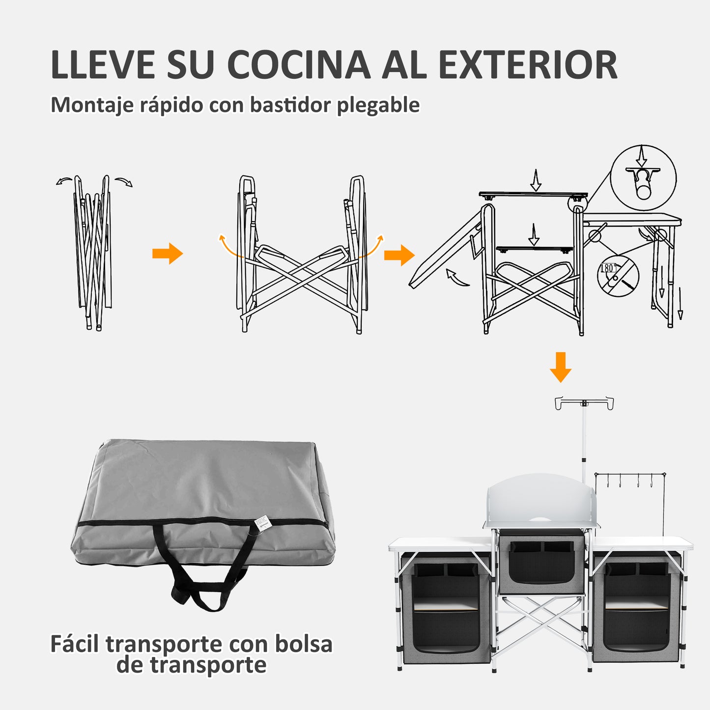 Outsunny Mueble De Cocina Para Camping Con 3 Mesas 172x48x130 Cm Gris_5
