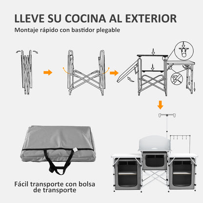 Outsunny Mueble De Cocina Para Camping Con 3 Mesas 172x48x130 Cm Gris_5