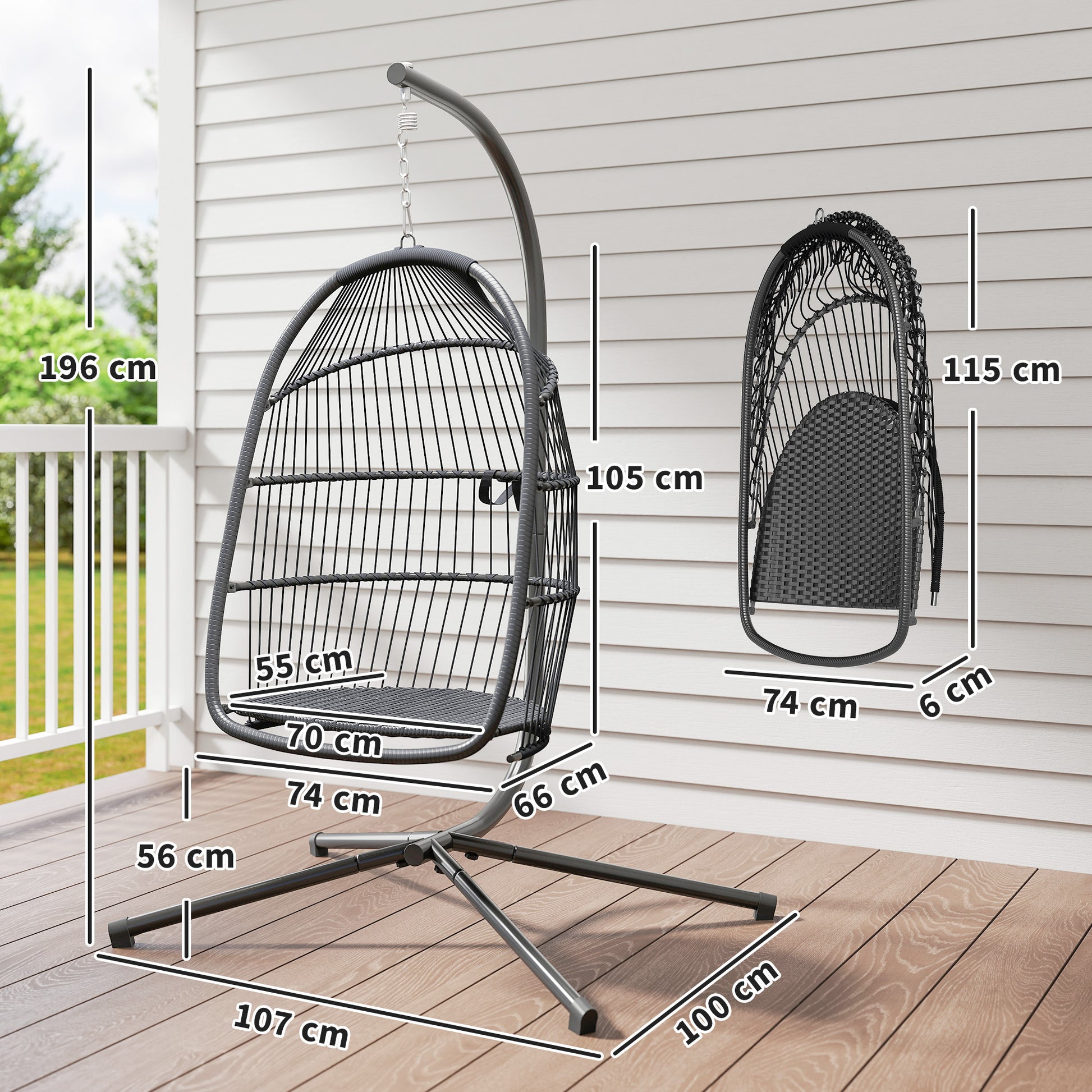 Outsunny Silla Colgante Huevo Con Soporte Cesta Plegable Cojín Gris Oscuro_2