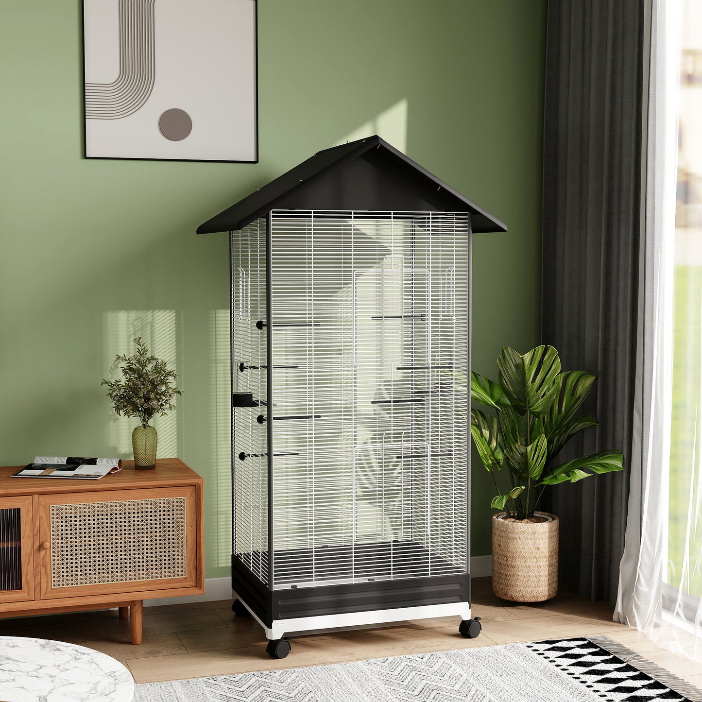 Pawhut Jaula Para Pájaros Con Ruedas Bandeja Extraíble 79x65x155 Cm Negro_1
