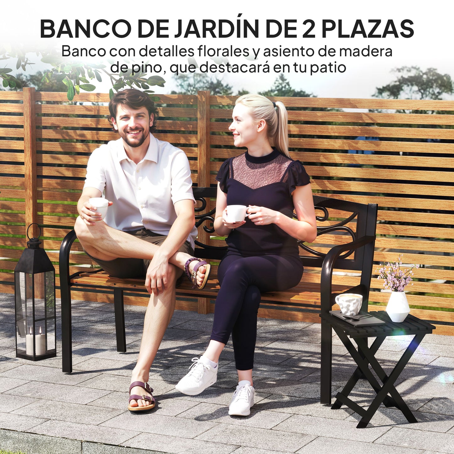 Outsunny Banco De Jardín Exterior De 2 Plazas 127x56x80 Cm Negro Y Natural_3
