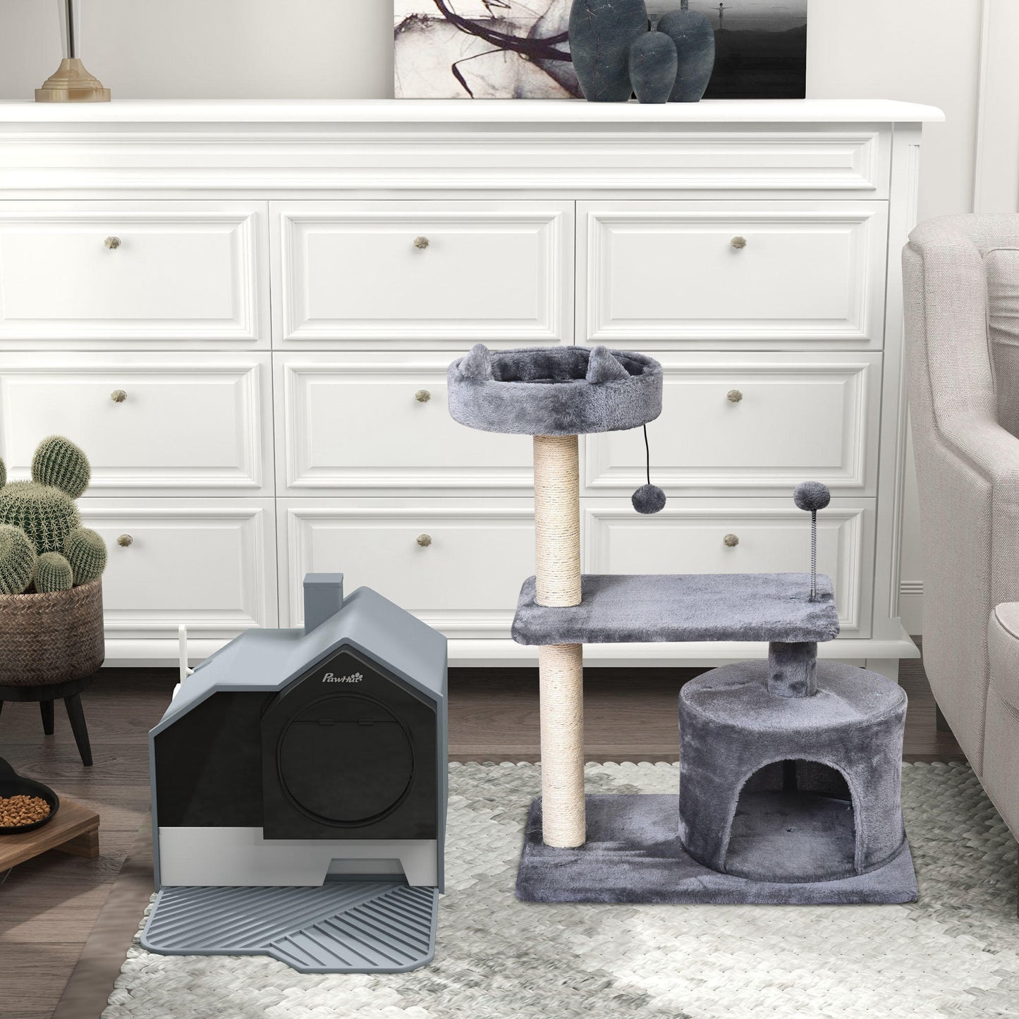 Pawhut Conjunto De 1 Árbol Rascador Para Gatos Y 1 Arenero Cubierto Para Gatos_1