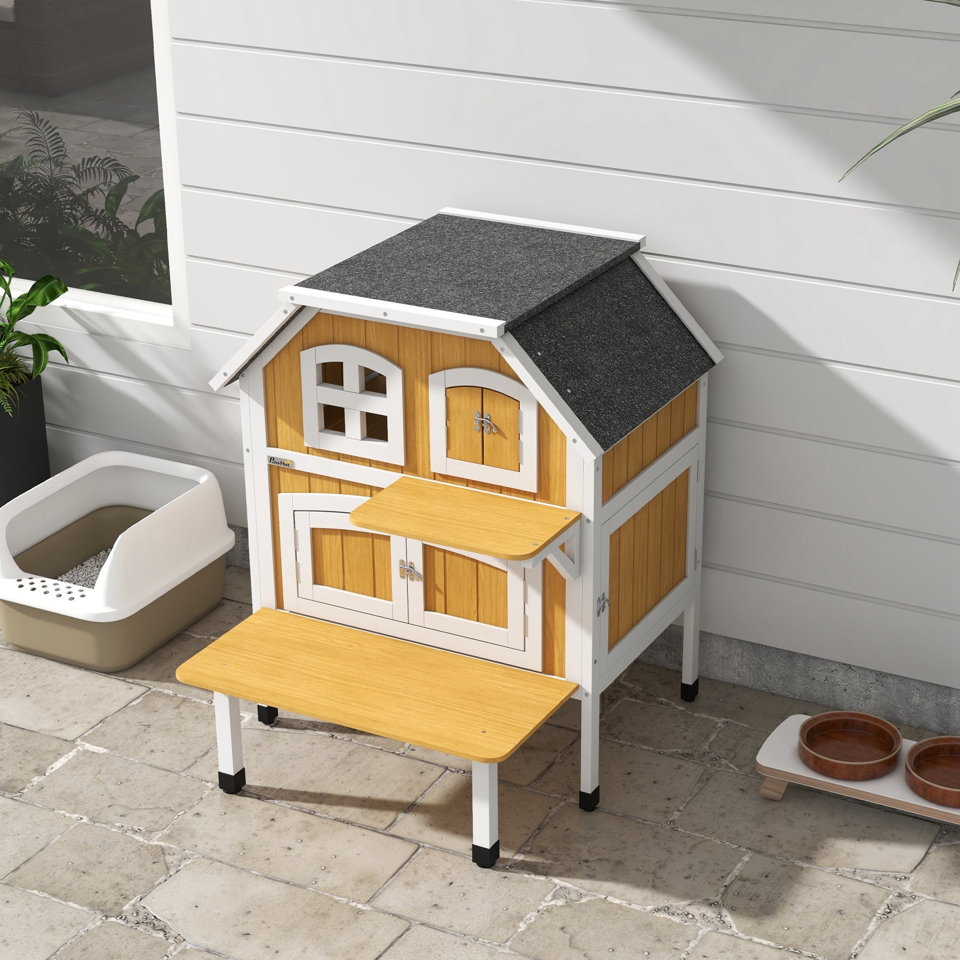 Pawhut Casa Para Gatos De Madera 78x82x93 Cm Con Techo Asfáltico Natural_4