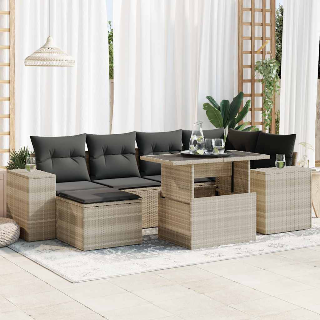 Set De Sofás De Jardín 7 Pzas Con Cojines Ratán Pe Gris Claro / Vetonek_4