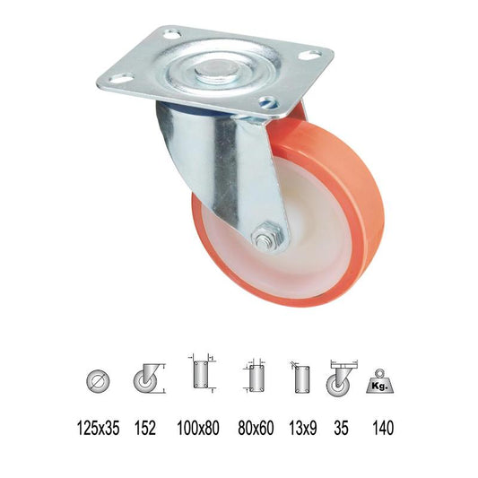 Rueda Industrial Poliuretano Placa 125 Mm.