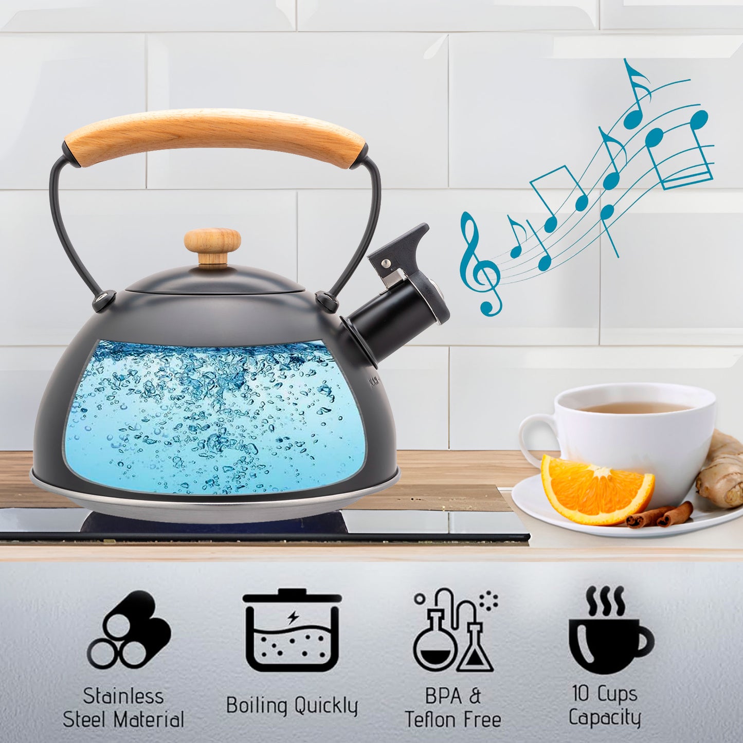 Tetera Con Silbato, Hervidor De Agua 2,5l, Inducción, Acero Inox, Vintage, Mango Madera, Briebe, Wooden, Negro