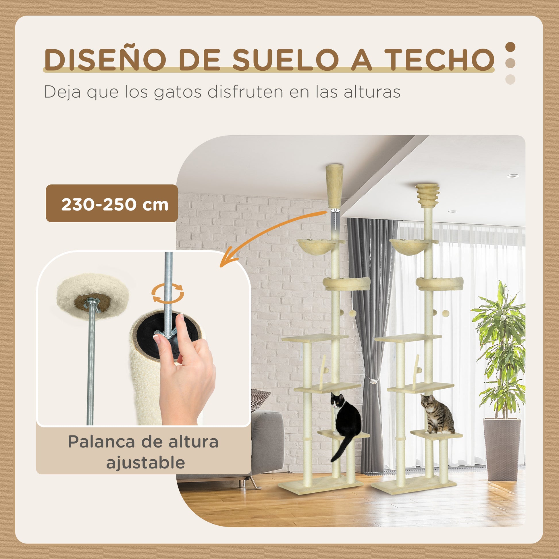 Pawhut Árbol Para Gatos De Suelo A Techo De 230-250cm Con Altura Ajustable Beige_4