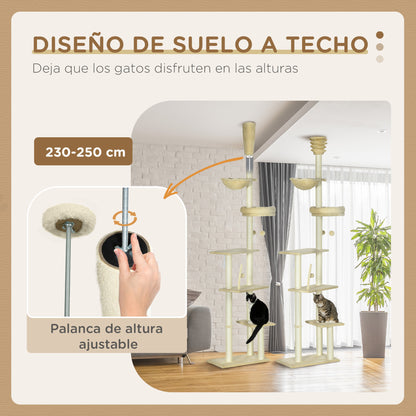 Pawhut Árbol Para Gatos De Suelo A Techo De 230-250cm Con Altura Ajustable Beige_4